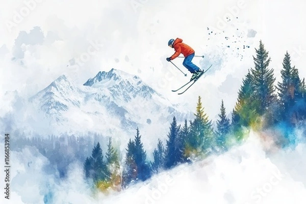 Obraz Dynamic watercolor skiing scenes with mountain landscapes and freestyle jumps, AI generated