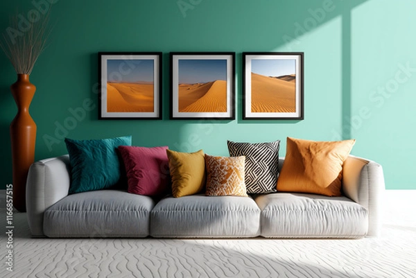 Fototapeta Framed desert landscapes on a vibrant teal wall complementing a cozy living room with a plush sofa adorned with colorful cushions