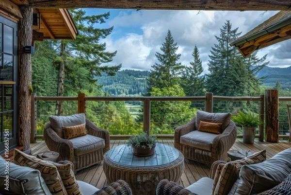 Obraz Elegant Log Cabin Deck with Stunning Views of Washington's Lake District

