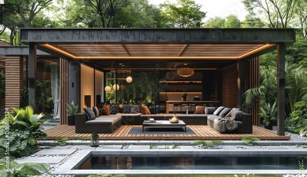Obraz Modern Wooden Garden Gazebo with Seating Area and Swimming Pool

