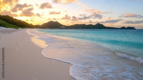 Fototapeta Serene Sunset Beach Scene With Gentle Waves Rolling Ashore