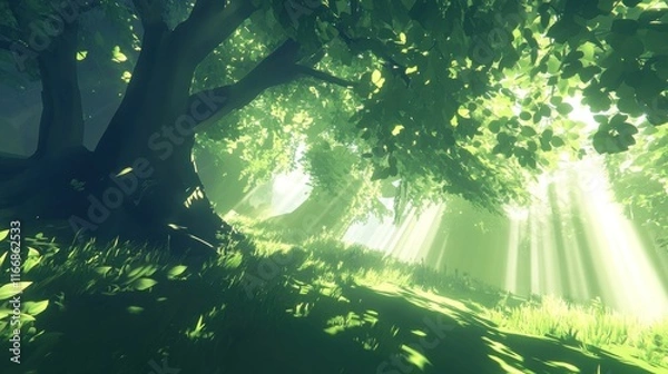 Fototapeta Sunbeams Illuminate Lush Green Forest Canopy And Undergrowth