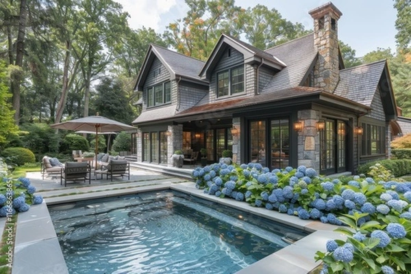 Obraz Backyard of Large New England Home with Hydrangea Bushes and Patio Furniture

