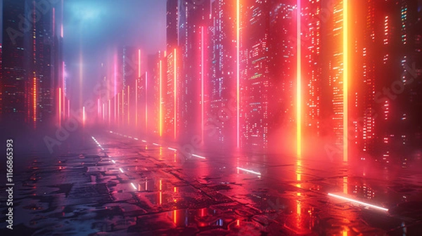 Fototapeta Futuristic Cityscape With Sunset Background