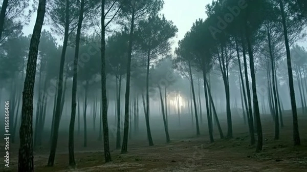 Obraz Misty Pine Forest Sunrise Through Trees