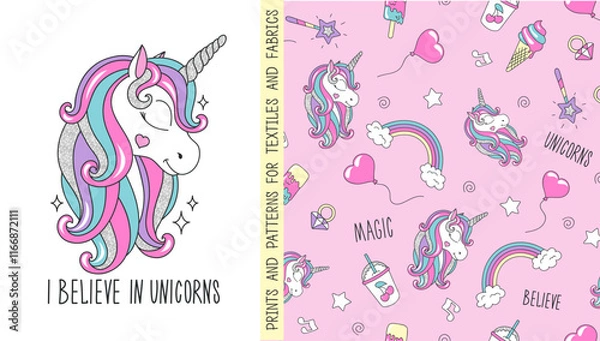 Obraz Fashionable seamless glitter unicorn pattern for t-shirts and fabric. Cartoon vector.