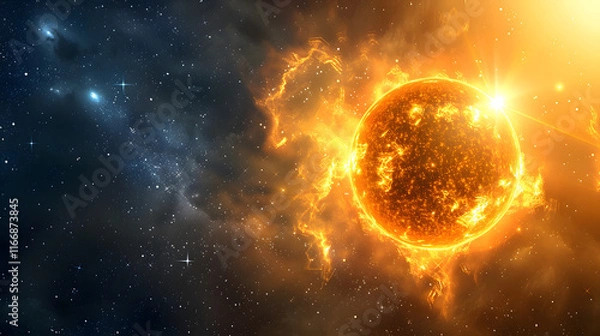 Fototapeta  bright big yellow sun in space constellation stars rays of solar light heat on dark in dark outer space