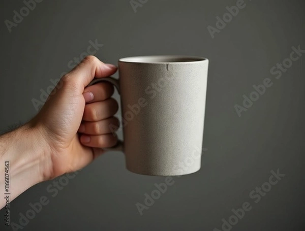Obraz Close-up of a hand holding a minimalist ceramic mug against a neutral background