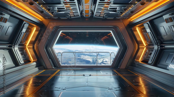 Obraz Cinematic 3D rendering of science fiction spaceship interior with staircase to upper deck and window view of planet surface