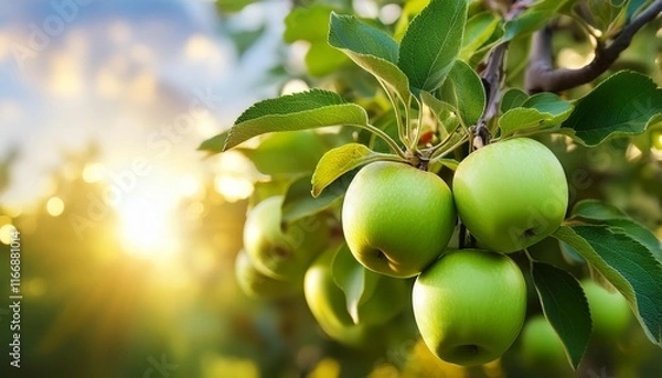 Obraz green apple & leaves on the tree