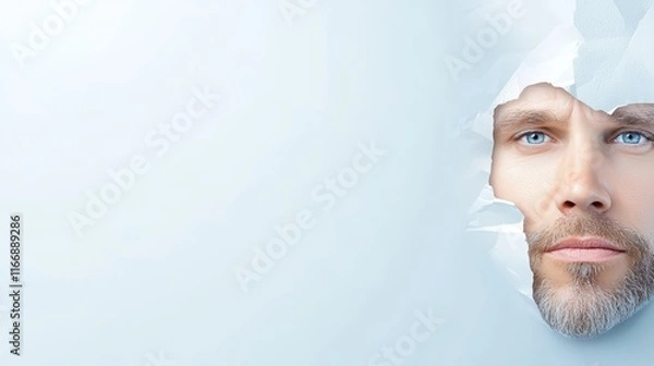 Fototapeta  A man's face peeking out of a hole in a paper