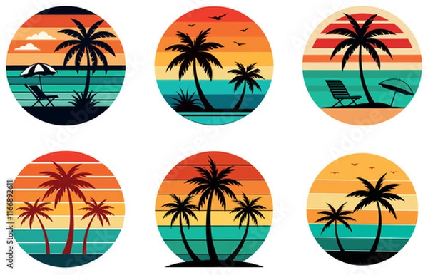 Obraz Set of Vintage Tropical Beach Logos with Palm Trees, Sunset Stripes, and Coastal Themes