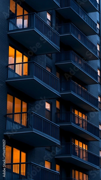 Fototapeta City apartment building at dusk, illuminated windows, balconies, urban night scene, perfect for real estate or architecture websites.