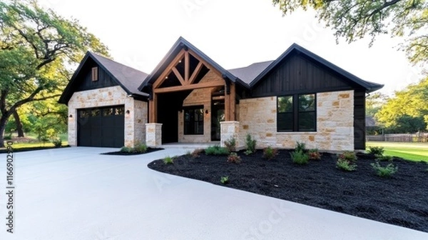Fototapeta Modern home exterior with stone and wood features in a landscaped setting.