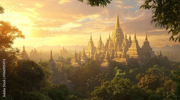 Fototapeta Tranquil Morning at Majestic Buddhist Temple - 3D Render of Serene Sunrise with Golden Spires and Lush Gardens