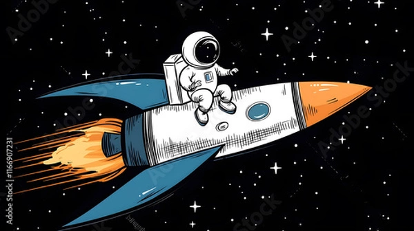 Fototapeta Astronaut riding a colorful rocket in space