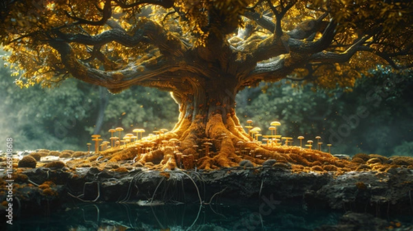 Fototapeta Detailed close-up view of tree roots in a forest setting, with ample copy space image.