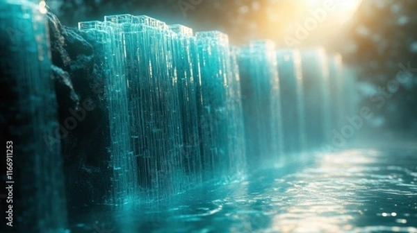 Fototapeta Majestic waterfall cascading over rugged cliffs surrounded by lush verdant foliage and misty atmosphere creating a serene and powerful natural spectacle