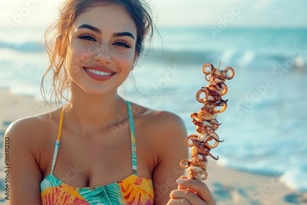 Fototapeta Happy woman enjoying grilled shrimp skewers on a beach vacation