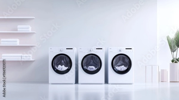 Fototapeta Modern Laundry Room with Three Stylish Washing Machines and Neat White Towels on a Minimalistic Shelf