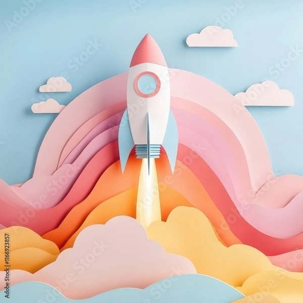Fototapeta Colorful Rocket Launching into a Dreamy Sky