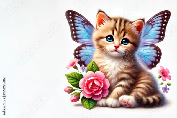 Fototapeta Kitten with butterfly wings among flowers. Space for text.