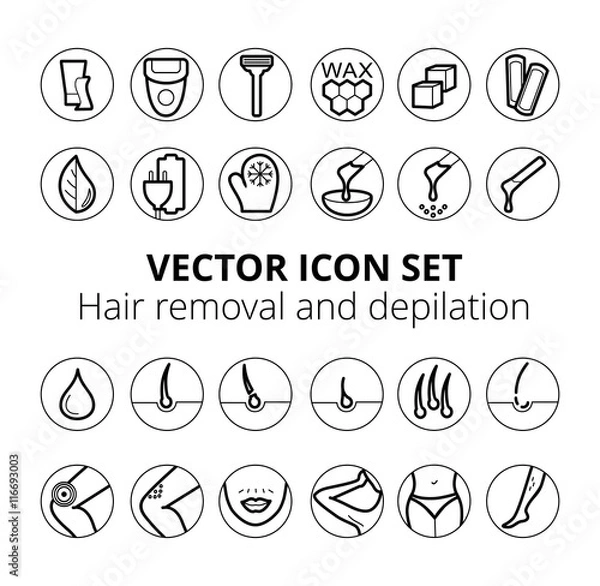 Fototapeta Thin lines web icon set - Depilation and epilation. Sugaring, waxing, photoepilation, hair removing. Allergy, skin irritation, pain icons.