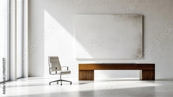 Fototapeta Modern office interior with sunlight, chair, desk, and large blank canvas.