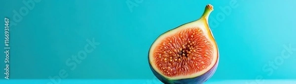 Fototapeta Closeup of a halved fig against a pastel blue background, soft lighting, minimalistic shot