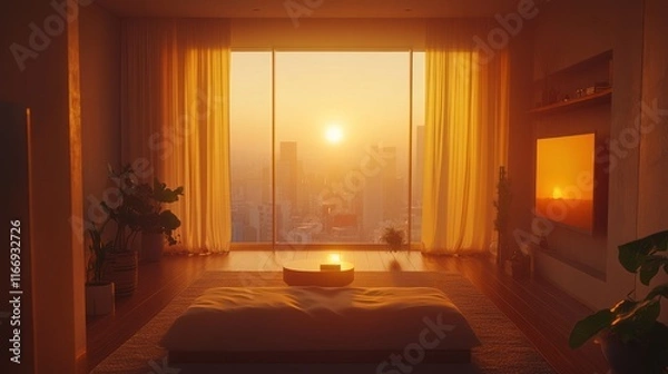 Fototapeta Sunrise view from a minimalist apartment living room with floor mattress, plants, and TV.