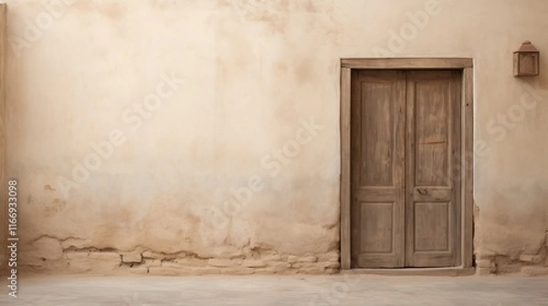 Fototapeta Wooden door with peeling paint and weathered texture, space on the left, ambient light, light beige background,generative ai illustration