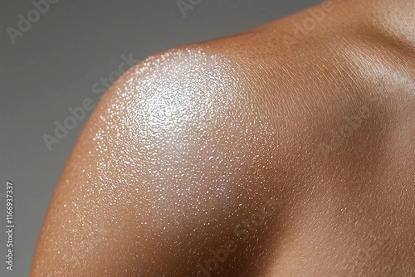 Fototapeta close up view of glistening shoulder, showcasing smooth skin texture and sheen. image captures beauty of skin under soft lighting, emphasizing its natural glow