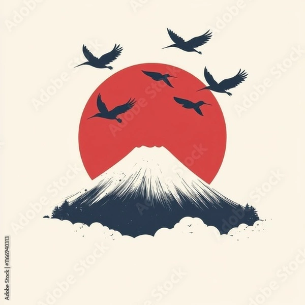 Obraz A serene illustration of a mountain with birds flying against a red sun in a tranquil setting.
