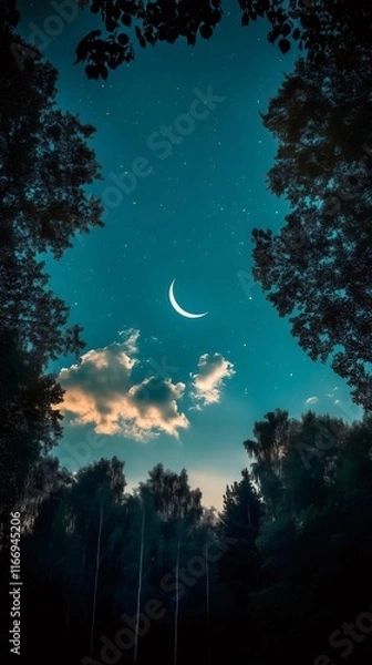 Fototapeta Crescent moon shining over a forest at night with starry sky and clouds