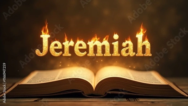 Fototapeta The name jeremiah floats gracefully a couple of inches above the open pages of an ancient Bible, as though it is levitating in mid-air