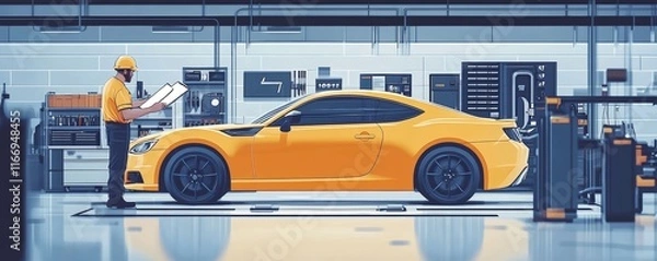 Fototapeta Auto check up and car service shop concept. Mechanic writing job checklist to clipboard to estimate repair quotation to client at workshop garage, Generative AI