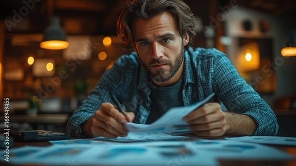 Fototapeta Man analyzing documents in a cozy workspace.