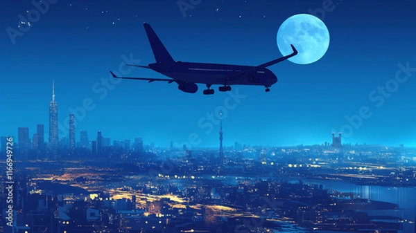 Obraz 月の照らす夜の都会を飛ぶ飛行機のイラスト素材,旅行,仕事,出張,夜景,挿絵,
