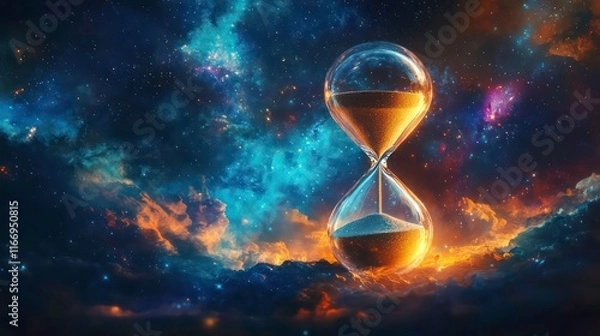 Fototapeta A surreal hourglass floats in a vibrant cosmic scene, representing the passage of time amidst distant galaxies and stars.
