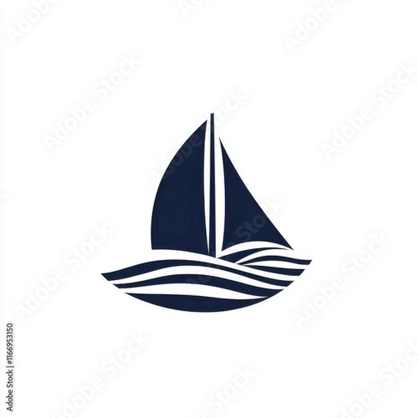 Obraz Minimalist blue sailboat logo with stylized waves, evoking tranquility and adventure on the water.