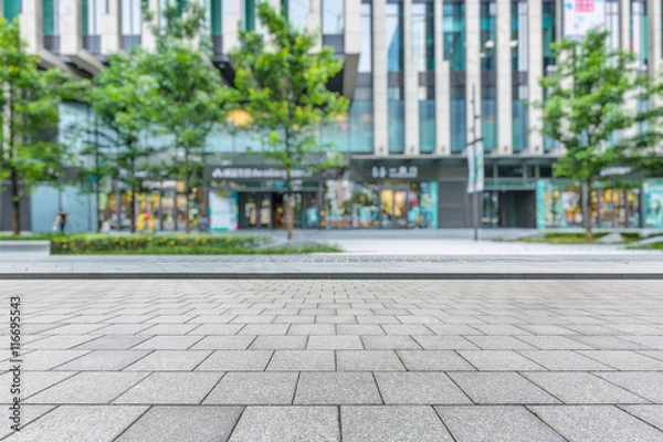 Fototapeta Empty brick floor with modern building in Shanghai