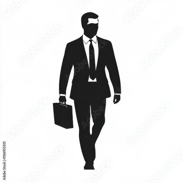 Fototapeta Silhouette of a confident businessman in a suit, walking with a briefcase, embodying success and professionalism.
