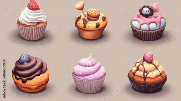 Fototapeta Bakery shop cookies and pastry icons. Vector isolated set sweet tiramisu torte, cheesecake or pudding pie, ice cream dessert and chocolate biscuit cupcake or fruit roll for patisserie or confectionery