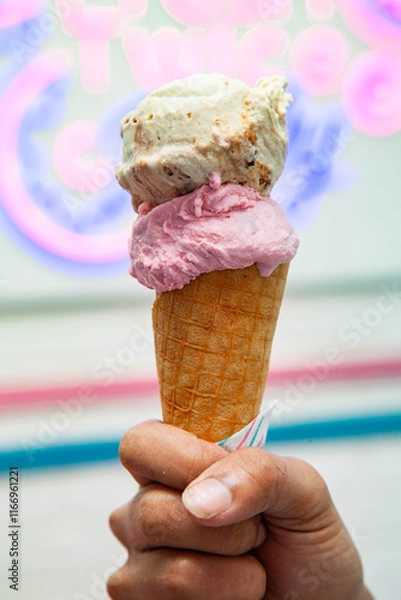 Fototapeta Double scoop strawberry and vanilla gelato ice cream waffle cone holding by male hand.