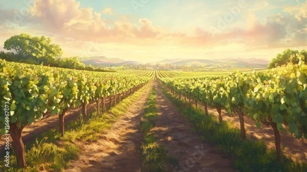 Fototapeta A charming vineyard with rows of grapevines stretching out to the horizon, bathed in soft sunlight, creating an idyllic backdrop for a wine-tasting experience.