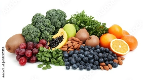 Fototapeta A clean white background with a paper bag overflowing with healthy fruits, vegetables, and nuts, with space for a text banner promoting a balanced diet.