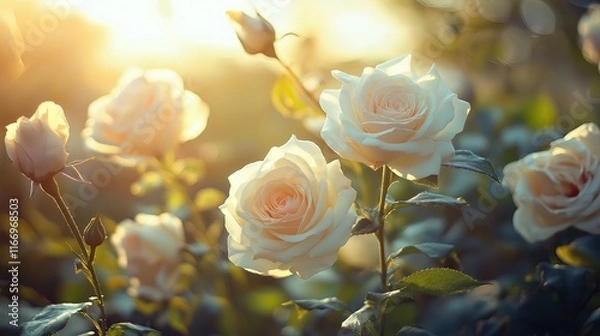 Fototapeta A bunch of white roses are in a field with the sun shining on them
