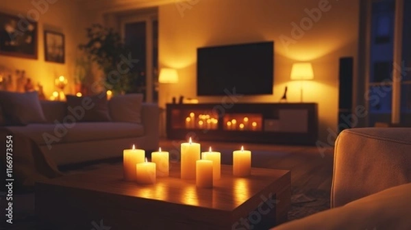 Fototapeta Creating a Cozy Atmosphere Stylish Living Room Candlelit Decor Minimalist Setting Intimate View Serene Concept