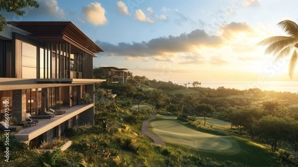 Fototapeta Expansive hotel resort featuring world-class amenities, golf courses, and private villas overlooking the ocean