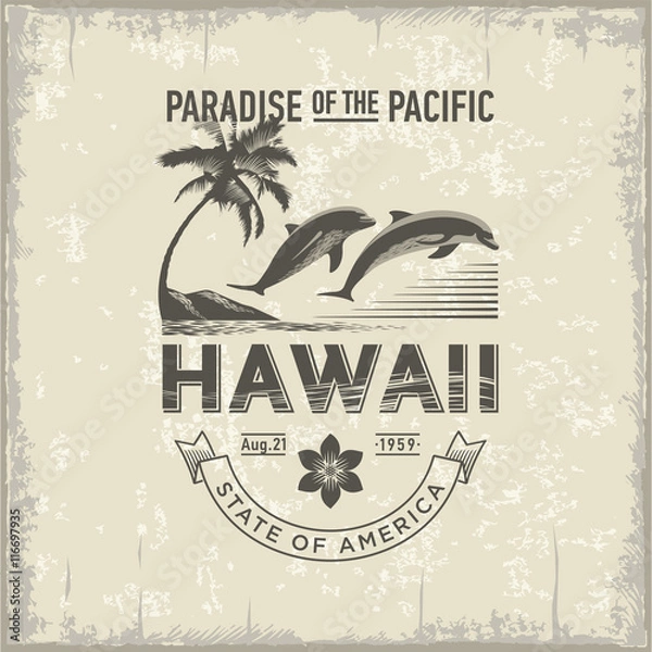 Obraz Гавайи, стилизованная эмблема штата Америки, дельфины, винтаж